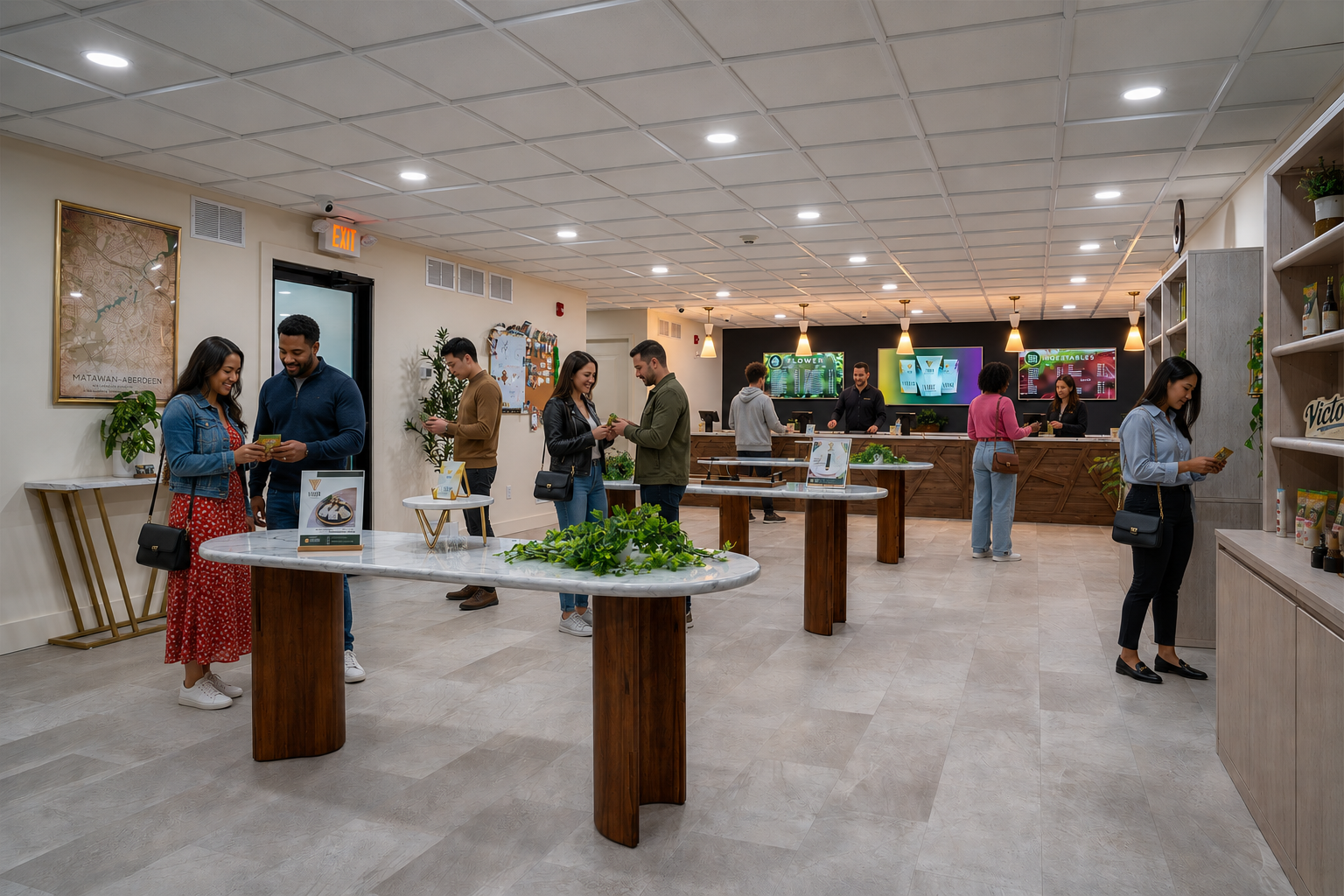 People shopping inside Vigor Matawan with tables with product on them with people looking around