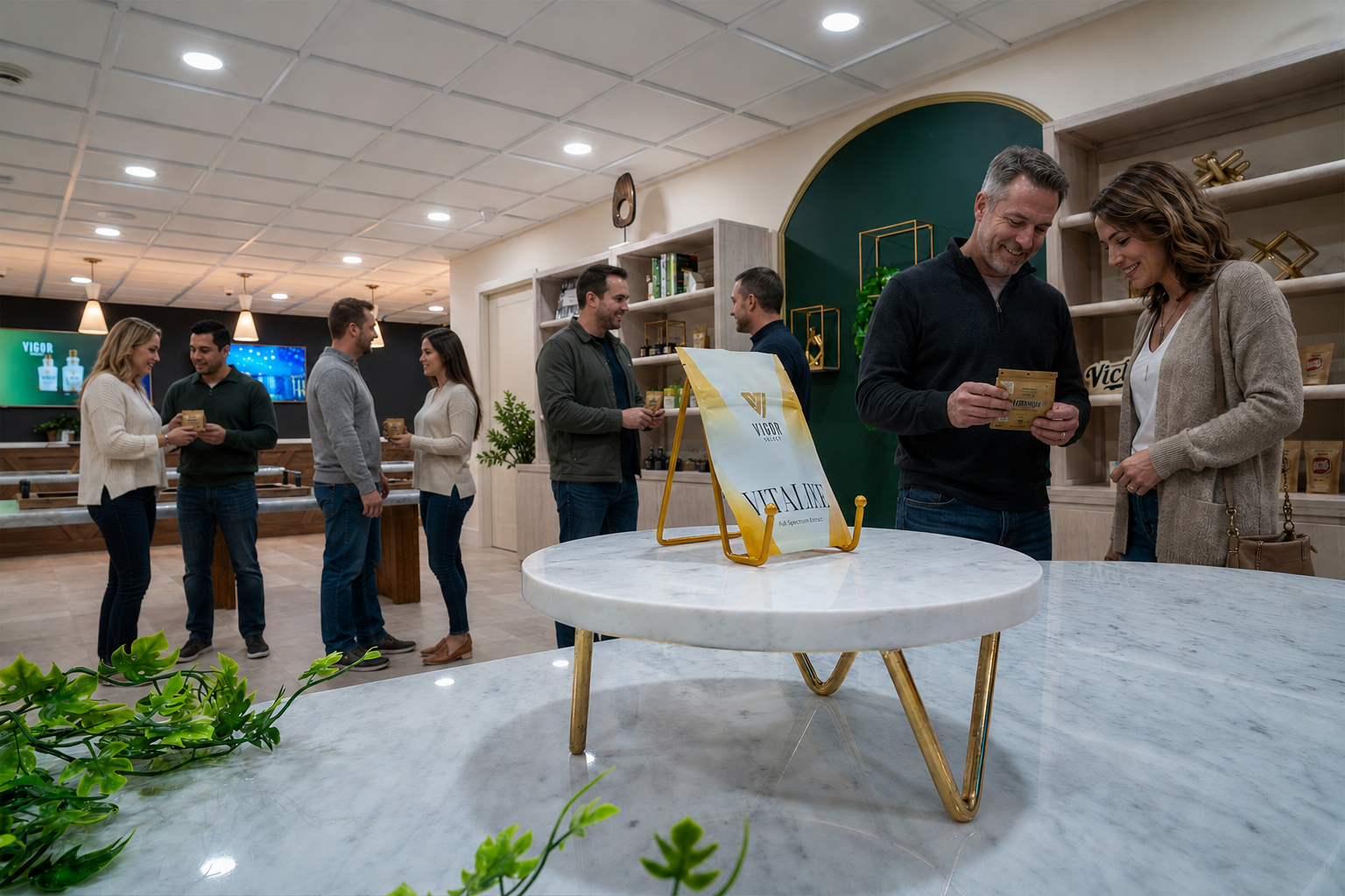 People shopping inside Vigor Matawan with tables with product on them with people looking around from a different angle